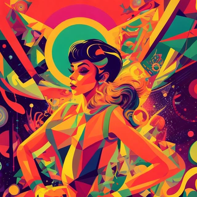 Prompt: Full color illustration, A woman, in the style of 60s kitsch and psychedelia, full body, sharp lighting, highest quality, ultra sharp, ffffound, ultra detailed, magical universe, Dynamic pose, bright and uplifting color hues, misc-geometric