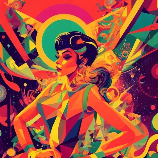 Prompt: Full color illustration, A woman, in the style of 60s kitsch and psychedelia, full body, sharp lighting, highest quality, ultra sharp, ffffound, ultra detailed, magical universe, Dynamic pose, bright and uplifting color hues, misc-geometric