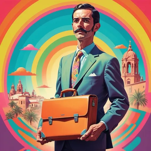 Prompt: Full color illustration, a spanish business man with a briefcase, in the style of 60s kitsch and psychedelia,  sharp lighting, highest quality, ultra sharp, ffffound, ultra detailed, magical universe, Dynamic pose, bright and uplifting color hues, misc-geometric