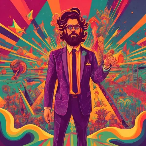 Prompt: Full color illustration, A bearded man in a suit, in the style of 60s kitsch and psychedelia, full body, sharp lighting, highest quality, ultra sharp, ffffound, ultra detailed, magical universe, Dynamic pose, bright and uplifting color hues, misc-geometric