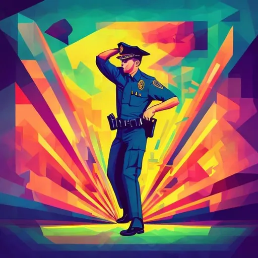 Prompt: Full color illustration, a police officer dropping their hat, in the style of 60s kitsch and psychedelia, sharp lighting, highest quality, ultra sharp, ffffound, ultra detailed, magical universe, Dynamic pose, bright and uplifting color hues, misc-geometric
