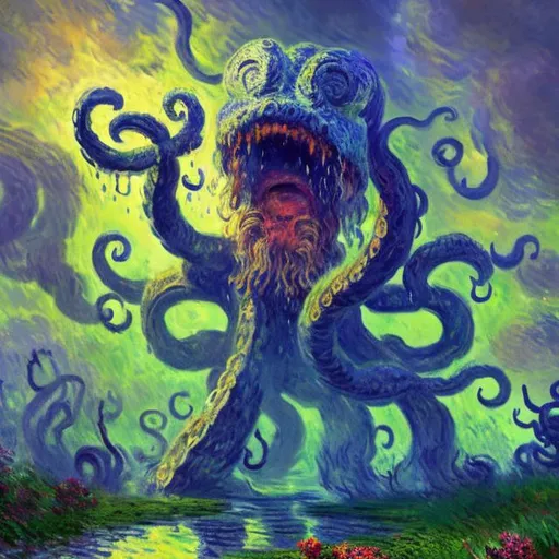 Prompt: Monet style painting of an aztec kraken splashing in a farmland stream, dynamic pose, ultra detailed, magical world, primary color hues, bright uplifting tones, dynamic lighting, misc-nostalgic, monet styled, fluffy clouds, professional, ultra detailed