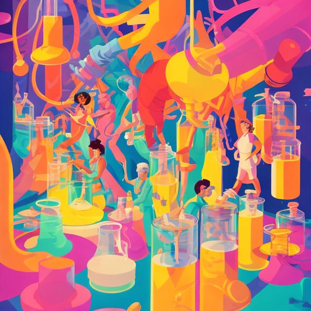 Prompt: Full color illustration, A group of multi cultural people in a sterile lab with giant beakers, style of 60s kitsch and psychedelia, sharp lighting, highest quality, ultra sharp, ffffound, ultra detailed, magical universe, Dynamic pose, bright and uplifting color hues, misc-geometric