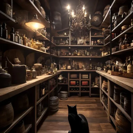 Prompt: walk-in pantry with wine barrels and spice racks all over, a cat hides in the clutter, dynamic pose, misc-goth, very detailed, elegant, ornate, ultra detailed, misc-grunge, indoor garden, cozy, library,  32k, fantasy art, Still-Life, Warm Color Palette,  Glowing, Rays of Shimmering Light, Moody Lighting