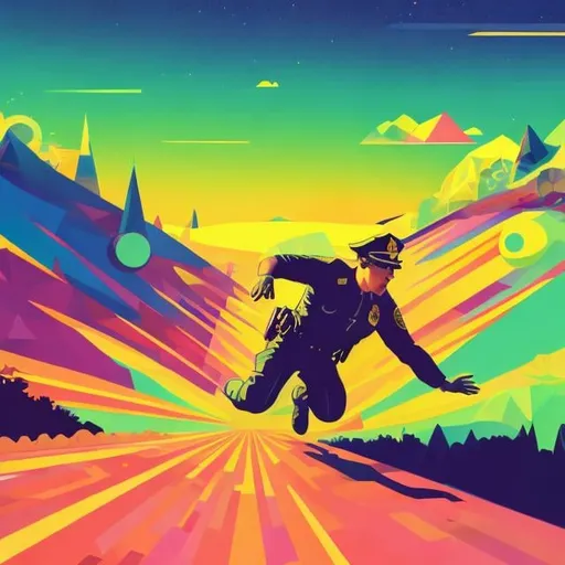 Prompt: Full color illustration, a police officer rolling down a hill, in the style of 60s kitsch and psychedelia, sharp lighting, highest quality, ultra sharp, ffffound, ultra detailed, magical universe, Dynamic pose, bright and uplifting color hues, misc-geometric