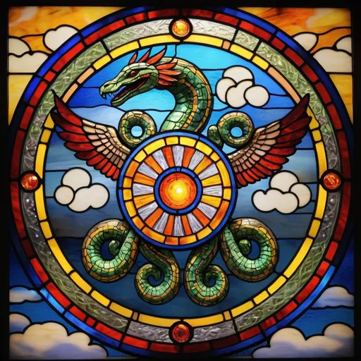 Prompt: Monet-style, stained glass, a dynamic aztec flying serpent with arms playing hand drums, magical world, bright and uplifting primary color hues, fluffy clouds, dynamic lighting, ultra-detailed, professional, misc-nostalgic, Monet-styled