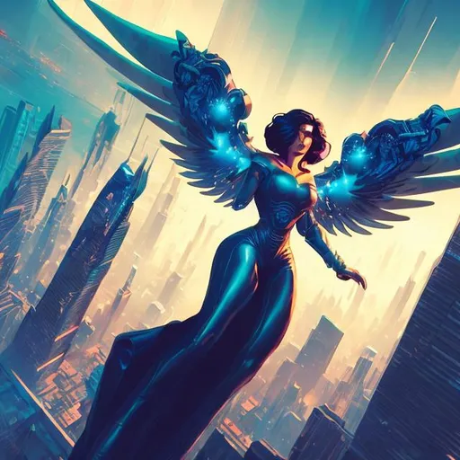 Prompt: retro futurism styled angels flying around skyscrapers, behind the shoulder view, dynamic pose, Comic style, heavily detailed, concept art, unique universe, Primary color hues, magical world, bright uplifting tones, dynamic lighting, night time
