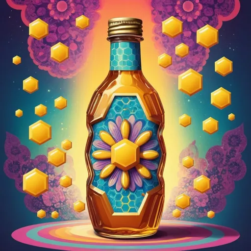 Prompt: Full color illustration, a psychedelic bottle of honey, in the style of 60s kitsch and psychedelia, full body, sharp lighting, highest quality, ultra sharp, ffffound, ultra detailed, magical universe, Dynamic pose, bright and uplifting color hues, misc-geometric