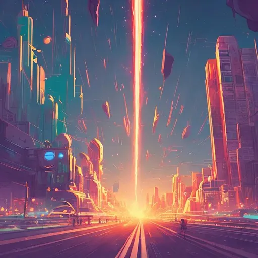 Prompt: a meteor lighting bolt flashing in a retro futurism styled city skyline, dynamic pose, Comic style, heavily detailed, concept art, unique universe, Primary color hues, magical world, bright uplifting tones, dynamic lighting,

