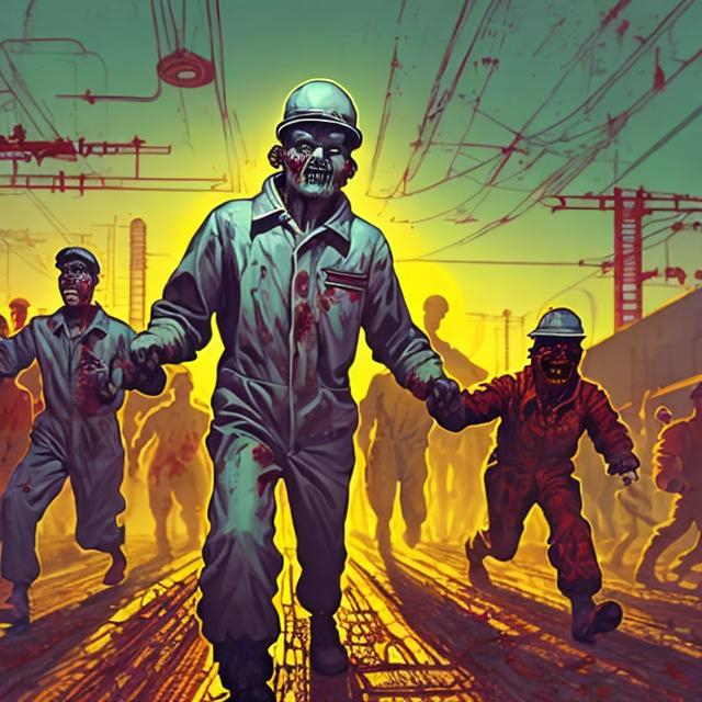 Prompt: retro futurism factory worker leading a zombie through farmland, dynamic pose, Comic style, heavily detailed, concept art, unique universe, bathed in sunlight, Primary color hues, magical world, bright uplifting tones, dynamic lighting