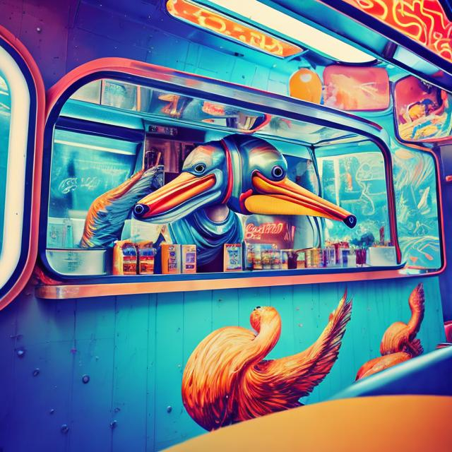 Prompt: retro futurism styled pelican working inside a food truck, speed blur around beak, dynamic pose, Comic style, heavily detailed, concept art, unique universe, Primary color hues, magical world, bright uplifting tones, dynamic lighting, 
