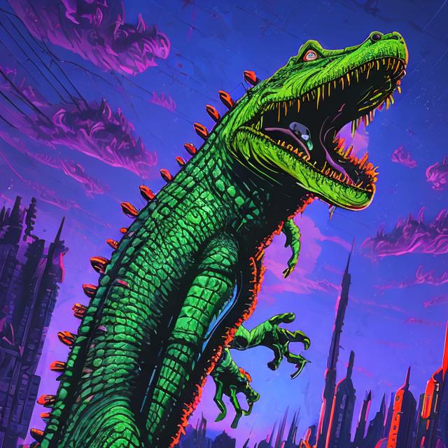 Prompt: Retro futurism styled Zombie transforming into a alligator, misc-gothic, heavily detailed, unique universe, concept art, primary color hues, magical world, bright uplifting tones, dynamic lighting, professional, highres, ultra-detailed, retro-futurism, comic style, dynamic lighting, unique concept, misc-grunge, detailed feathers, atmospheric clouds, urban setting