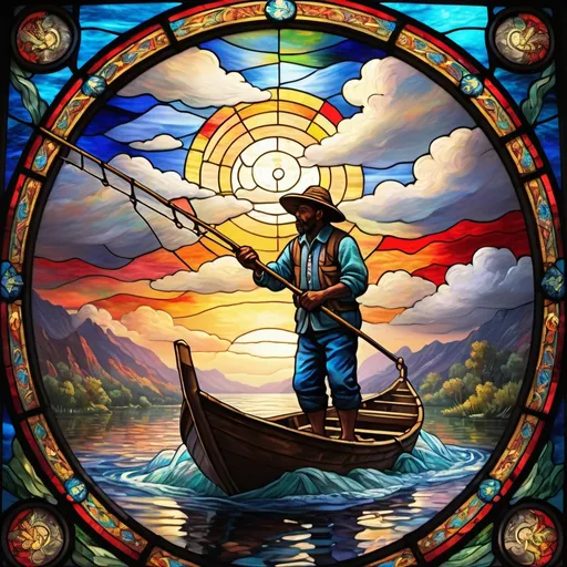 Prompt: stained glass, Monet style, an aztec fisherman reeling in a leviathan from a river, vibrant face, villagers around, dynamic pose,  ultra detailed, stained glass, 4 k, magical world, primary color hues, bright uplifting tones, dynamic lighting, misc-nostalgic, fluffy clouds, professional, ultra detailed