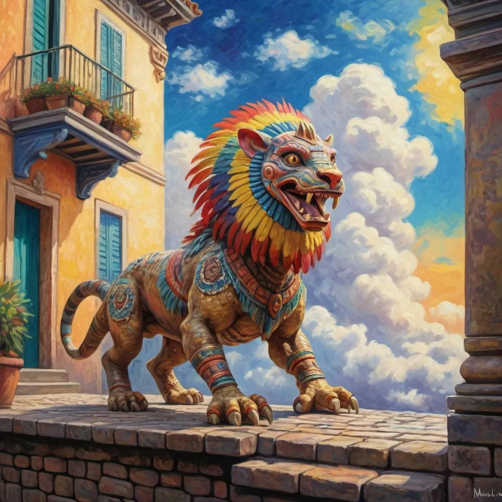 Prompt: Monet style painting of an aztec chimera landing on a cobblestone wooden balcony, dynamic pose, ultra detailed, magical world, primary color hues, bright uplifting tones, dynamic lighting, misc-nostalgic, monet styled, fluffy clouds, professional, ultra detailed