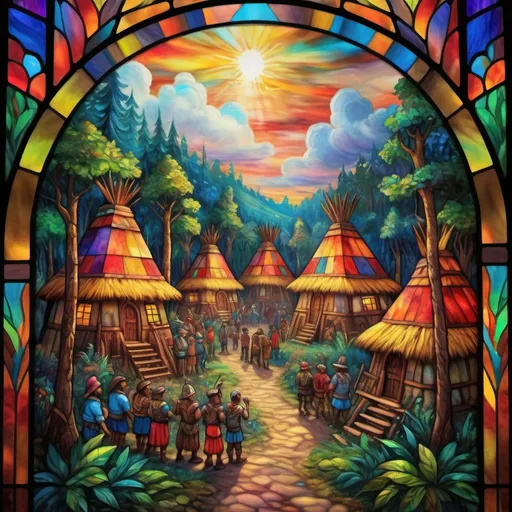 Prompt: Monet style painting of an aztec styled forest village, villagers gather around it, ultra detailed, magical world, primary color hues, bright uplifting tones, dynamic lighting, misc-nostalgic, monet styled, fluffy clouds, professional, ultra detailed