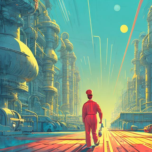 Prompt: retro futurism factory worker leaving towards a beach in style, Comic style, heavily detailed, concept art, unique universe, Primary color hues, magical world, well groomed hair, bright uplifting tones, dynamic lighting
