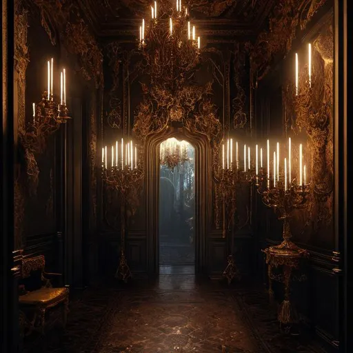 Prompt: A hallway filled with candelabra's a strange door on a wall just out of view, misc-goth, very detailed, elegant, ornate, ultra detailed, misc-grunge,  32k, fantasy art, Still-Life, Warm Color Palette,  Glowing, Rays of Shimmering Light, Moody Lighting