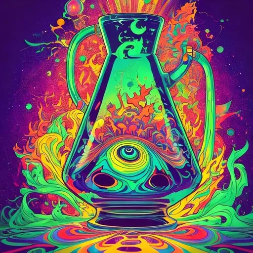 Prompt: Full color illustration, a psychedelic glass bong, in the style of 60s kitsch and psychedelia, full body, sharp lighting, highest quality, ultra sharp, ffffound, ultra detailed, magical universe, Dynamic pose, bright and uplifting color hues, misc-geometric