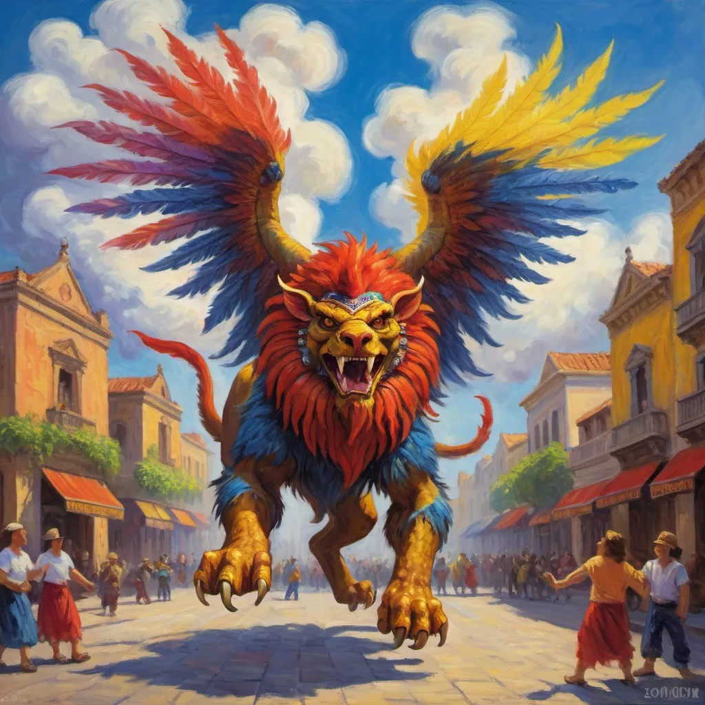 Prompt: Monet-style painting of a dynamic aztec manticore rewarding peasants in a city square, magical world, bright and uplifting primary color hues, fluffy clouds, dynamic lighting, ultra-detailed, professional, misc-nostalgic, Monet-styled