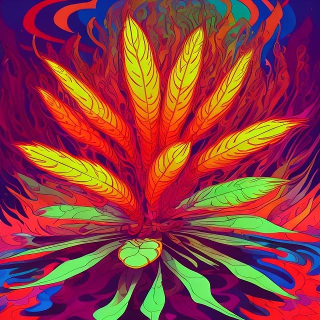 Prompt: Full color illustration, A psychedelic fire peyote plant, in the style of 60s kitsch and psychedelia, full body, sharp lighting, highest quality, ultra sharp, ffffound, ultra detailed, magical universe, Dynamic pose, bright and uplifting color hues, misc-geometric