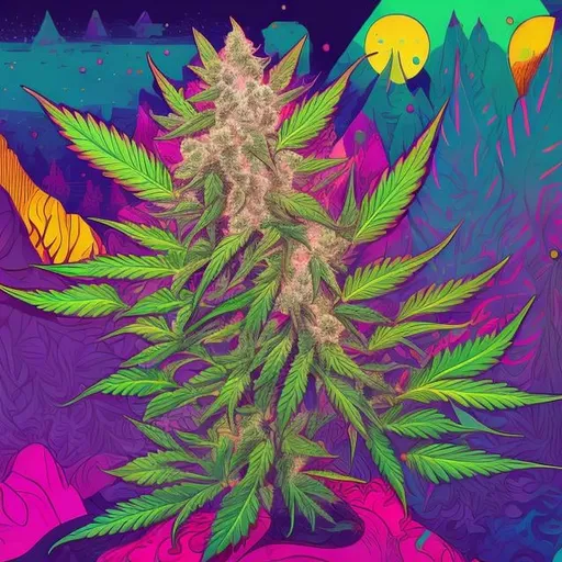 Prompt: Full color illustration, A psychedelic indica marijuana plant with glowing crystals on it, in the style of 60s kitsch and psychedelia, full body, sharp lighting, highest quality, ultra sharp, ffffound, ultra detailed, magical universe, Dynamic pose, bright and uplifting color hues, misc-geometric