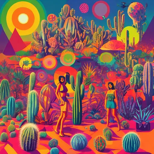 Prompt: Full color illustration, A group of multi cultural people in a field of giant psychedelic peyote cacti, style of 60s kitsch and psychedelia, sharp lighting, highest quality, ultra sharp, ffffound, ultra detailed, magical universe, Dynamic pose, bright and uplifting color hues, misc-geometric