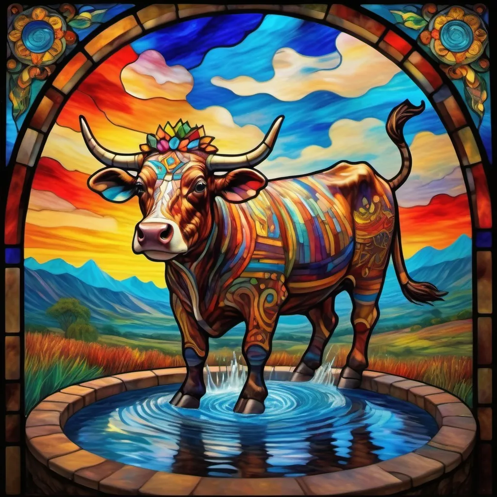 Prompt: Monet style painting of an aztec sacred cow levitating above a whirlpool, villagers gather around it, dynamic pose, ultra detailed, magical world, primary color hues, bright uplifting tones, dynamic lighting, misc-nostalgic, monet styled, fluffy clouds, professional, ultra detailed