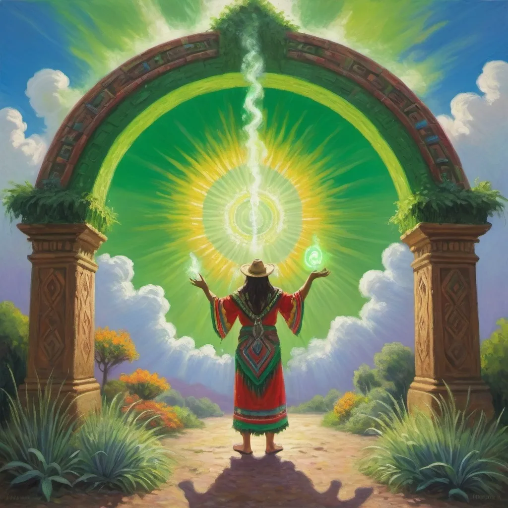 Prompt: Monet-style painting of a dynamic aztec resident casting a spell and opening a green portal, magical world, bright and uplifting primary color hues, fluffy clouds, dynamic lighting, ultra-detailed, professional, misc-nostalgic, Monet-styled