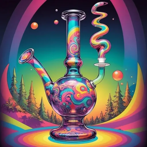Prompt: Full color illustration, a psychedelic glass bong, in the style of 60s kitsch and psychedelia, full body, sharp lighting, highest quality, ultra sharp, ffffound, ultra detailed, magical universe, Dynamic pose, bright and uplifting color hues, misc-geometric