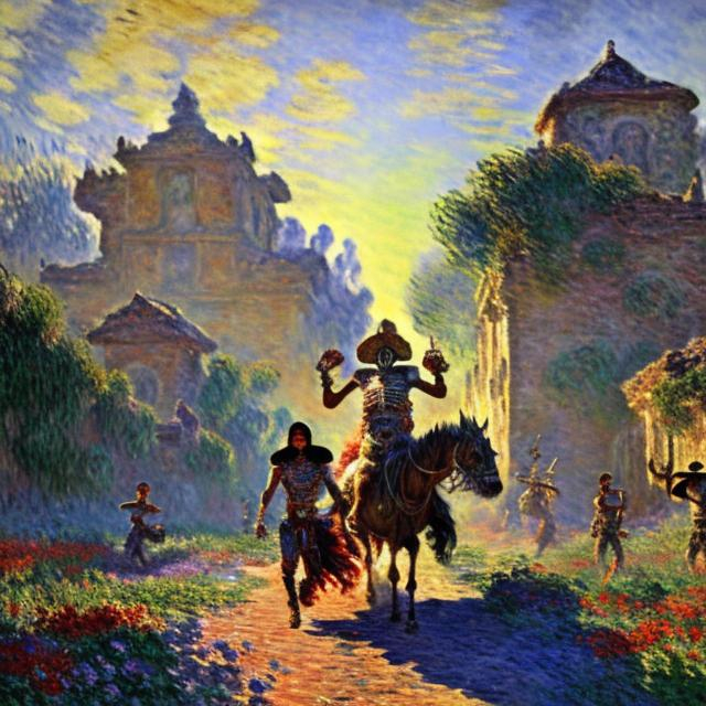 Prompt: Monet style painting of an aztec skeleton warrior returning home, villagers gather around it, dynamic pose, ultra detailed, magical world, primary color hues, bright uplifting tones, dynamic lighting, misc-nostalgic, monet styled, fluffy clouds, professional, ultra detailed