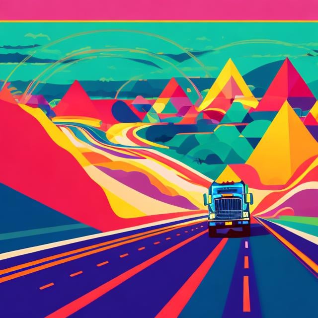 Prompt: Full color illustration, a 18 wheeler truck cruising down the road, in the style of 60s kitsch and psychedelia, sharp lighting, highest quality, ultra sharp, ffffound, ultra detailed, magical universe, Dynamic pose, bright and uplifting color hues, misc-geometric