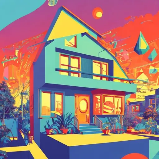 Prompt: Full color illustration, a two story house in a suburb, in the style of 60s kitsch and psychedelia, sharp lighting, highest quality, ultra sharp, ffffound, ultra detailed, magical universe, Dynamic pose, bright and uplifting color hues, misc-geometric