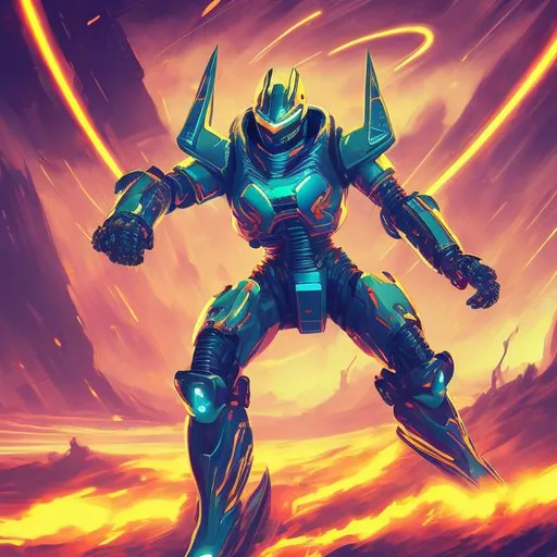 Prompt: retro futurism styled robot warrior surfing on an electric current, dynamic pose, Comic style, heavily detailed, concept art, unique universe, Primary color hues, magical world, bright uplifting tones, dynamic lighting, 
