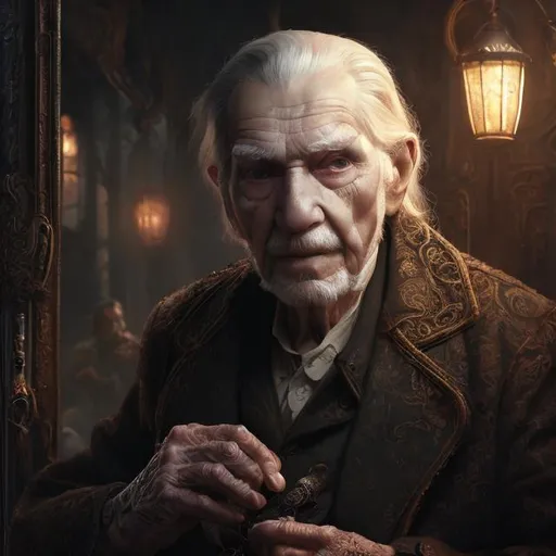 Prompt: An elderly man with soft eyes and white well groomed hair, misc-goth, elegant, ornate, ultra detailed, misc-grunge,  32k, fantasy art, Still-Life, Warm Color Palette,  Glowing, Rays of Shimmering Light, Moody Lighting