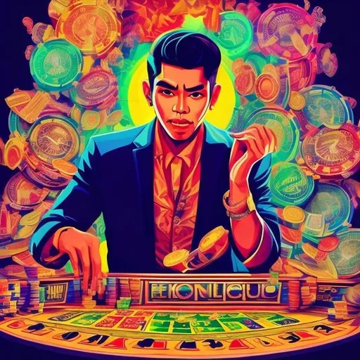 Prompt: Full color illustration, An filipino casino dealer, in the style of 60s kitsch and psychedelia, sharp lighting, highest quality, ultra sharp, ffffound, ultra detailed, magical universe, Dynamic pose, bright and uplifting color hues, misc-geometric