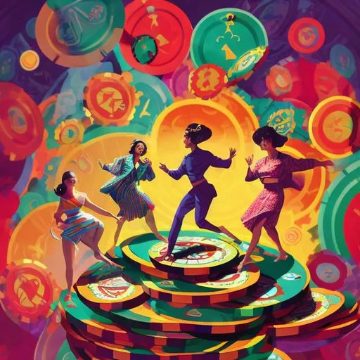 Prompt: Full color illustration, A group of multi cultural people dancing around towers of giant poker chips, style of 60s kitsch and psychedelia, sharp lighting, highest quality, ultra sharp, ffffound, ultra detailed, magical universe, Dynamic pose, bright and uplifting color hues, misc-geometric