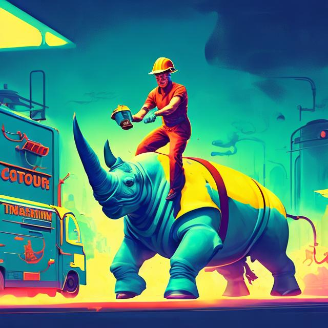 Prompt: retro futurism styled factory worker riding a rhino charging through a food truck, flying food, dynamic pose, Comic style, heavily detailed, concept art, unique universe, Primary color hues, magical world, bright uplifting tones, dynamic lighting, 
