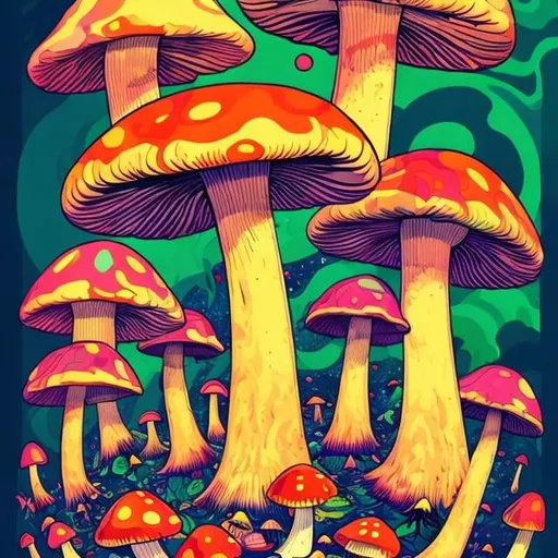 Prompt: Full color illustration, A psychedelic colorful mushroom, in the style of 60s kitsch and psychedelia, full body, sharp lighting, highest quality, ultra sharp, ffffound, ultra detailed, magical universe, Dynamic pose, bright and uplifting color hues, misc-geometric