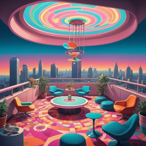 Prompt: Full color illustration, a highrise penthouse roof top with a helipad and city view, in the style of 60s kitsch and psychedelia, sharp lighting, highest quality, ultra sharp, ffffound, ultra detailed, magical universe, Dynamic pose, bright and uplifting color hues, misc-geometric