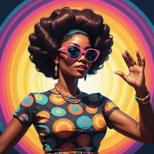 Prompt: Full color illustration, A black woman with nerdy sun glasses, in the style of 60s kitsch and psychedelia, dancing sharp lighting, highest quality, ultra sharp, ffffound, ultra detailed, magical universe, Dynamic pose, bright and uplifting color hues, misc-geometric