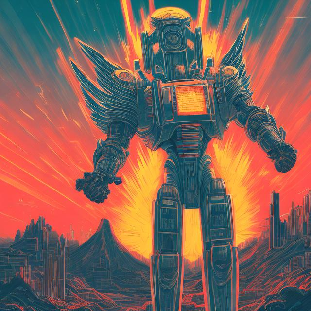 Prompt: Retro futurism styled robot angel, erupting volcano, retro-futurism city skyline, Comic style, misc-grunge, heavily detailed, unique universe, concept art, primary color hues, magical world, bright uplifting tones, dynamic lighting, professional, highres, ultra-detailed, retro-futurism, comic style, dynamic lighting, unique concept, misc-grunge, detailed feathers, atmospheric clouds, urban setting