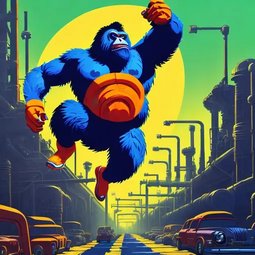 Prompt: retro futurism styled gorilla leaping above a factory worker on the sidewalk, dynamic pose, Comic style, heavily detailed, concept art, unique universe, Primary color hues, magical world, bright uplifting tones, dynamic lighting, 
