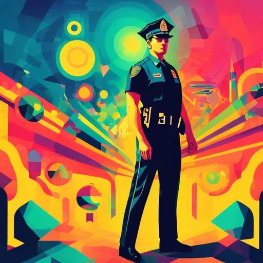 Prompt: Full color illustration, a police officer, in the style of 60s kitsch and psychedelia, sharp lighting, highest quality, ultra sharp, ffffound, ultra detailed, magical universe, Dynamic pose, bright and uplifting color hues, misc-geometric