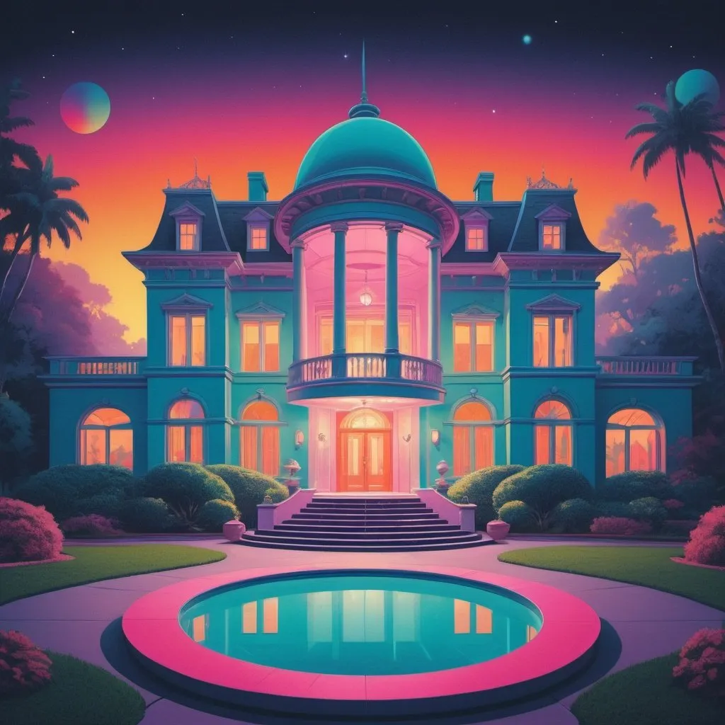 Prompt: Full color illustration, a mansion in a large gated property, in the style of 60s kitsch and psychedelia, sharp lighting, highest quality, ultra sharp, ffffound, ultra detailed, magical universe, Dynamic pose, bright and uplifting color hues, misc-geometric