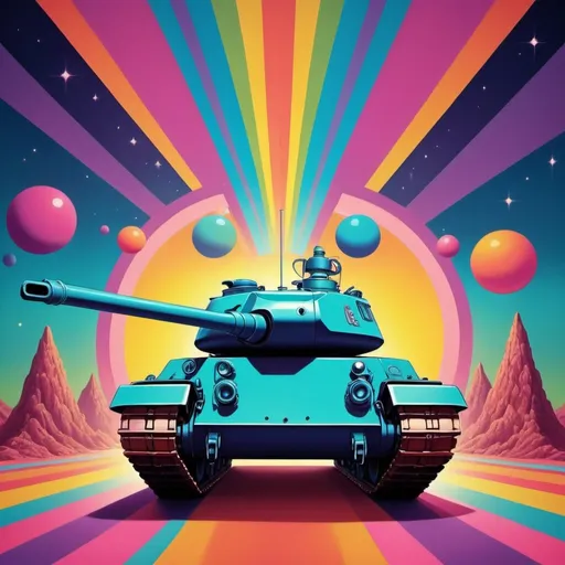 Prompt: Full color illustration, a 60's tank, in the style of 60s kitsch and psychedelia, sharp lighting, highest quality, ultra sharp, ffffound, ultra detailed, magical universe, Dynamic pose, bright and uplifting color hues, misc-geometric