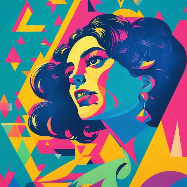 Prompt: Full color illustration, A spanish woman winking out a window, in the style of 60s kitsch and psychedelia, sharp lighting, highest quality, ultra sharp, ffffound, ultra detailed, magical universe, Dynamic pose, bright and uplifting color hues, misc-geometric