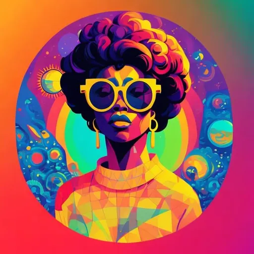 Prompt: Full color illustration, A black woman with nerdy sun glasses, in the style of 60s kitsch and psychedelia, full body sharp lighting, highest quality, ultra sharp, ffffound, ultra detailed, magical universe, Dynamic pose, bright and uplifting color hues, misc-geometric