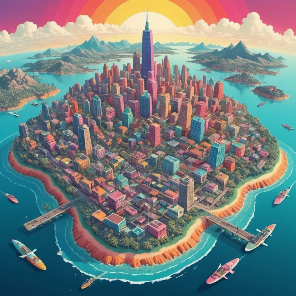 Prompt: Full color illustration, a mega city on an island from an aerial view, in the style of 60s kitsch and psychedelia, sharp lighting, highest quality, ultra sharp, ffffound, ultra detailed, magical universe, Dynamic pose, bright and uplifting color hues, misc-geometric