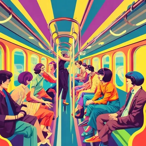 Prompt: Full color illustration, A group of people on train car in the style of 60s kitsch and psychedelia, sharp lighting, highest quality, ultra sharp, ffffound, ultra detailed, magical universe, Dynamic pose, bright and uplifting color hues, misc-geometric