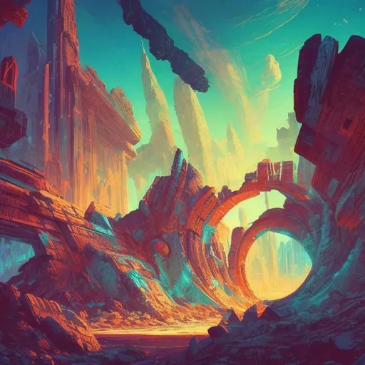 Prompt: retro futurism styled desert with a fallen ancient city beneath it, dynamic pose, Comic style, heavily detailed, concept art, unique universe, Primary color hues, magical world, bright uplifting tones, dynamic lighting, snowing heavily
